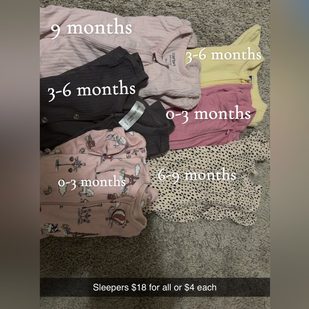 6 assorted sized baby girl sleepers